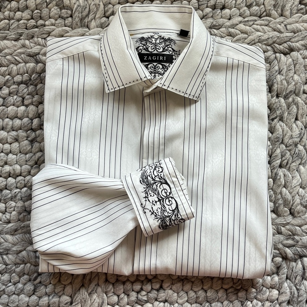 Zagiri white/black stripe shirt with embroidered contrasting cuffs